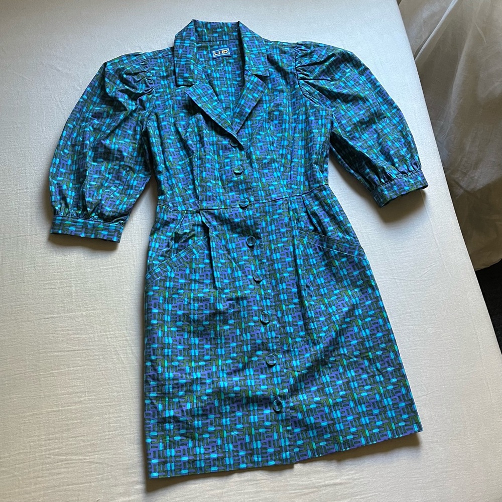LHD blue tribal print puff short sleeve button down mini dress